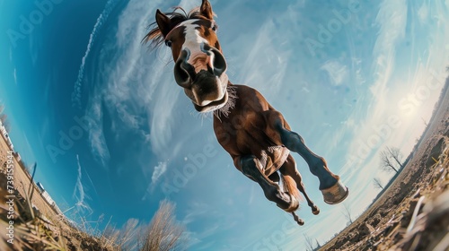Horse jumping down against a blue sky. Animal in the air in motion photo