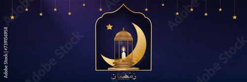 Ramadan Mubarak Background,Islamic lantern on podium with Crescent moon,Star on blue backdrop.Vector Religion of Muslim Symbolic,Eid al fitr, Ramadan Kareem,Eid al Adha,Ramadan Kareem