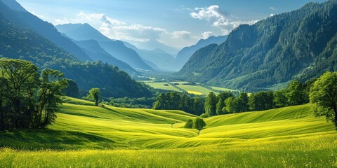Serene nature landscape with green meadows and rolling mountains perfect background scene capturing tranquil beauty of rural environments ideal for travel agriculture and tourism featuring sunny