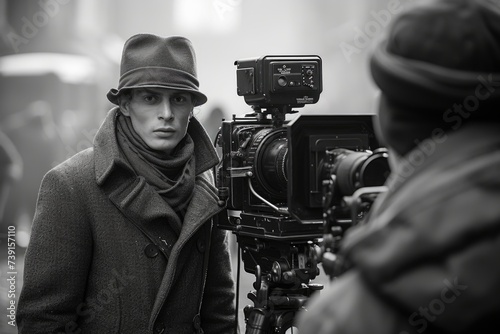 Actor in coat and hat on film set in monochrome