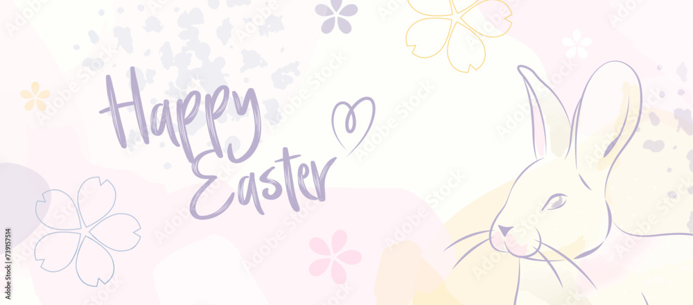 Happy Easter Banner. Spring Easter Card Template Design with Cute Rabbit and Floral Springtime Background. Flowers and Bunny Silhouette Decorations. Happy Easter Banner. Spring Easter Card Template Design with Cute Rabbit and Floral Springtime Background. Flowers and Bunny Silhouette Decorations.