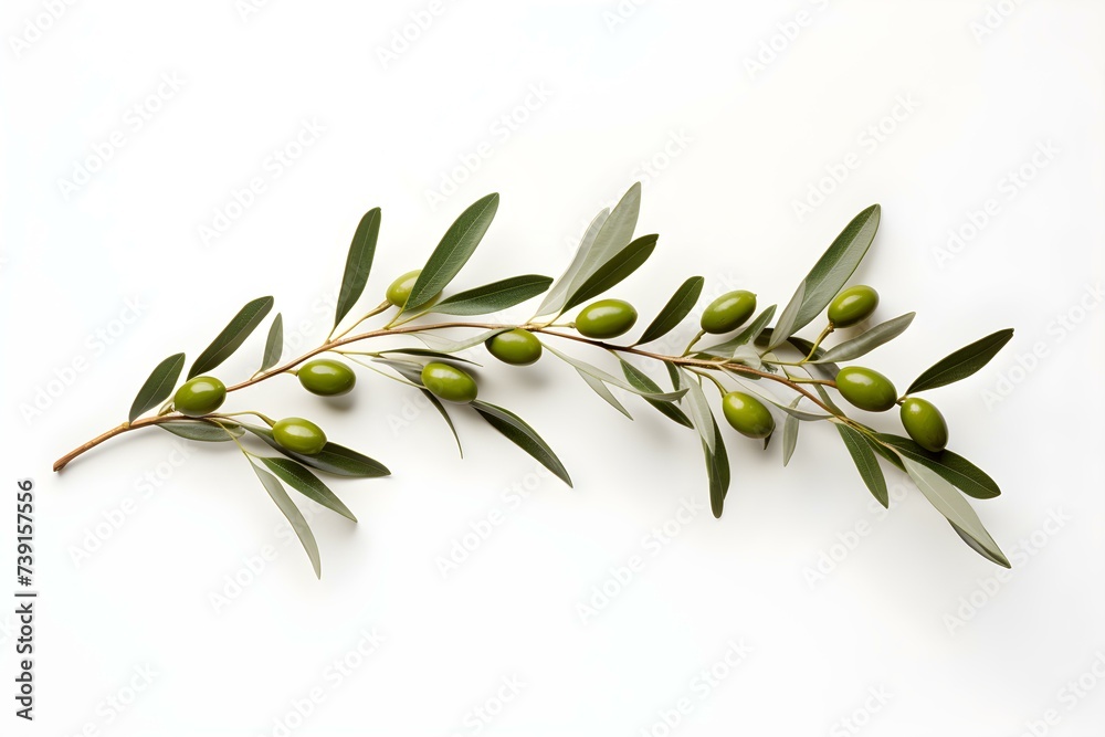 Olive branch on a white background. Concept Minimalist Photography, Botanical Art, Nature-inspired Decor, Peaceful Aesthetic