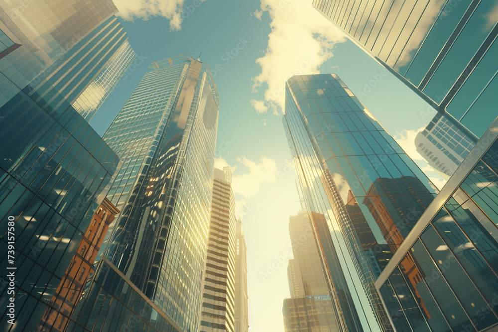 Toned image of modern office buildings and sky scrapers in central of the city realistic image - obrazy, fototapety, plakaty 