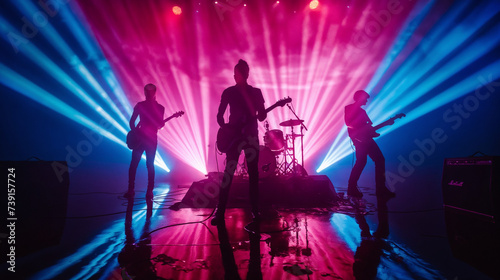 Thrilling Live Band Performance  Silhouetted Musicians on Stage  Bathed in Vibrant Pink  Blue  and Purple Light     Energetic Atmosphere of Concert Event Displaying Intense Colorful Lighting Effects