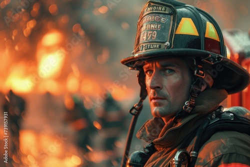 A firefighter gazes solemnly at a fire, his helmet reflecting the intense heat, with the fierce blaze painting the scene in a vivid orange hue. photo