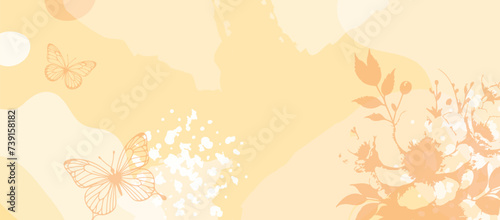 Yellow and Orange Spring Background with Flowers, Butterflies and other Floral and Grunge Abstract Elements.	