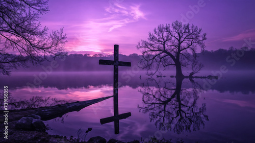 Atmospheric Landscape under Purple Dawn Sky, Barren Tree and Reflective Christian Cross, Serene or Melancholic Ethereal Tone, Sunrise or Sunset Scenery Christian Symbolicism in Nature