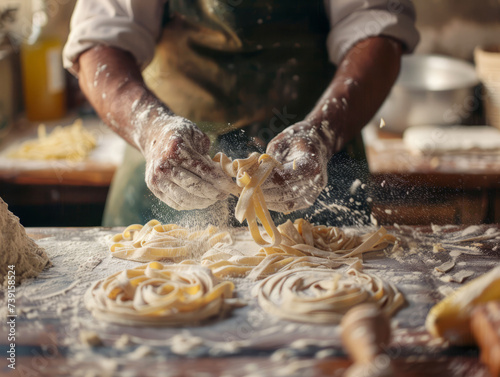 Handmade artisanal fettuccine pasta being crafted with care and precision on a well-floured kitchen counter.