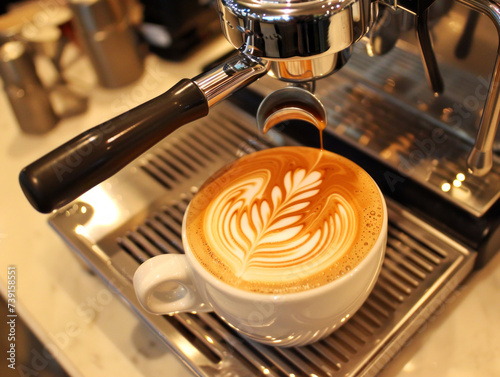 A beautifully crafted latte with artful foam on top, presented on an espresso machine tray.