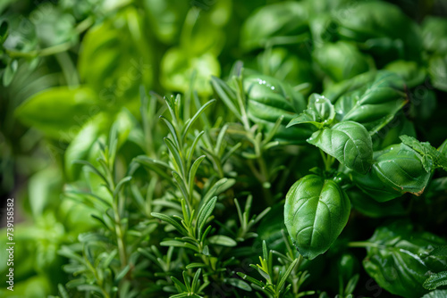 An assortment of fresh culinary herbs basking in sunlight, highlighting their vibrant green hues and textures.