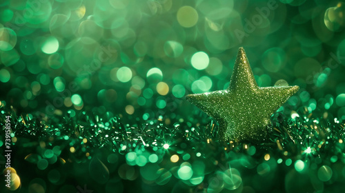 Golden Star-Shaped Glitter on Shimmering Surface, Festive Bokeh Effect, Holiday Spirit, Single Prominent Star, Blurred Greenish Lights, Magical Warm Atmosphere, Christmas and New Year's Eve Celebratio