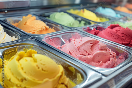 Vibrant selection of gelato flavors displayed in a modern ice cream parlor's freezer.