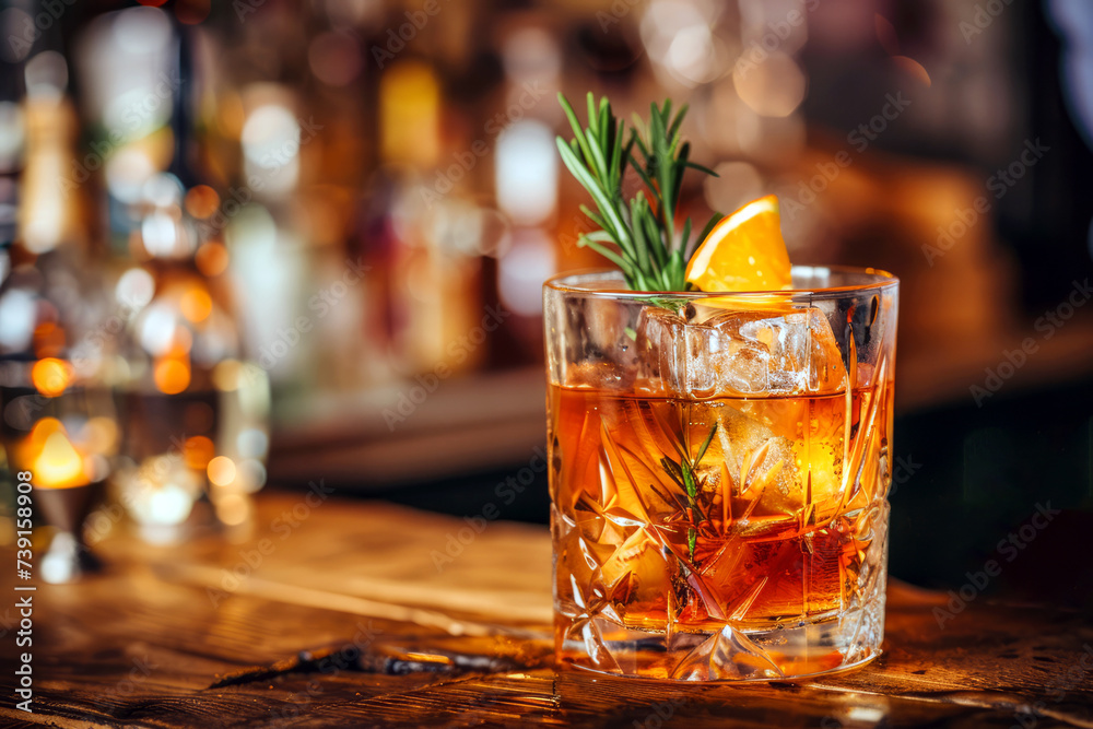 Classic old fashioned cocktail with ice, orange slice, and rosemary twig on a rustic wooden bar top. Classic old fashioned cocktail with ice, orange slice, and rosemary twig on a rustic wooden bar top.