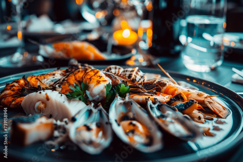 A platter of grilled seafood, including prawns and squid, served on a fine dining table with ambient lighting.