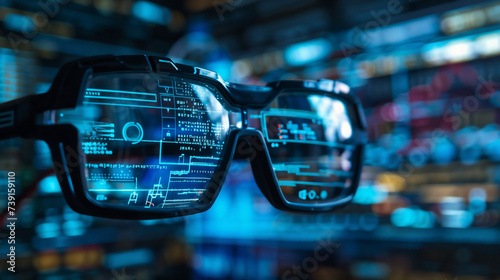 Advanced Technology Display Glasses, AR Augmented Reality Interface, Futuristic High-Tech Environment, Digital Information Overlay, Real World View, Diagrams and Charts in Real-Time Analysis