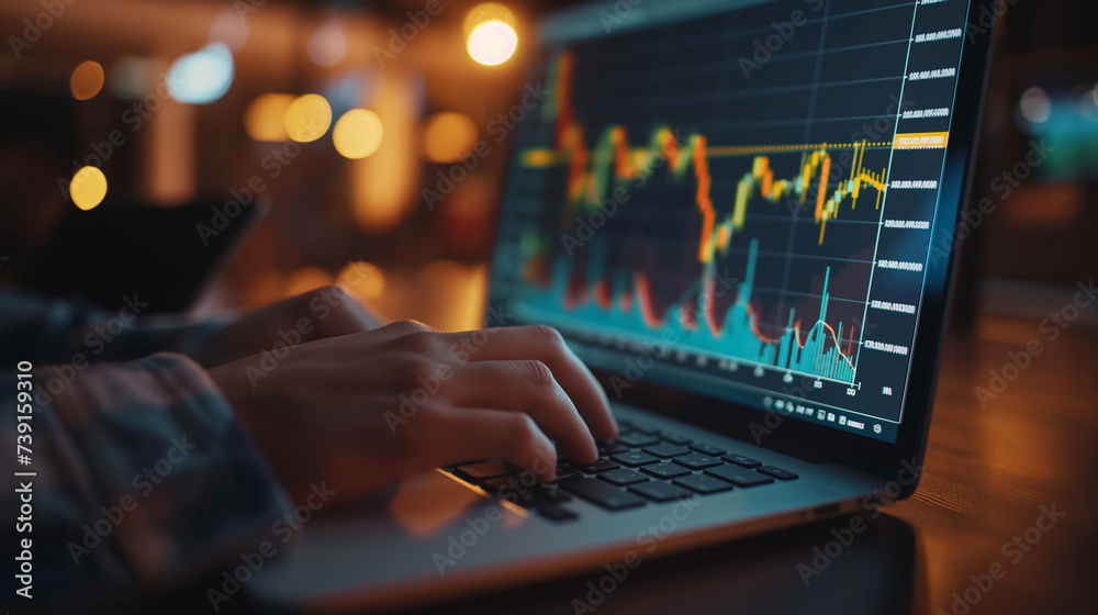 high resolution stock photo ,Close-up of hands typing on a laptop with stock market graphs on the screen with office background high resolution stock photo ,Close-up of hands typing on a laptop with stock market graphs on the screen with office background