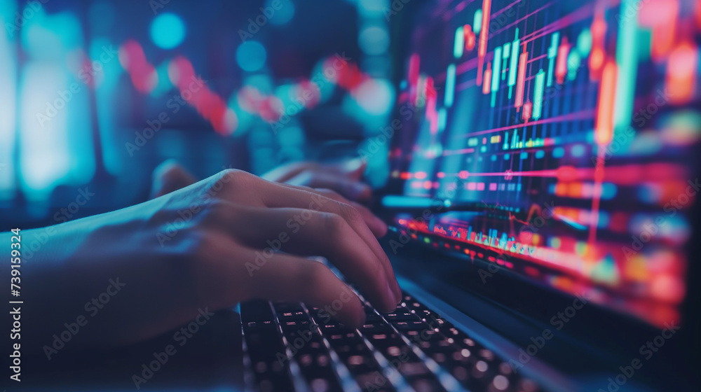 high resolution stock photo ,Close-up of hands typing on a laptop with stock market graphs on the screen with office background high resolution stock photo ,Close-up of hands typing on a laptop with stock market graphs on the screen with office background
