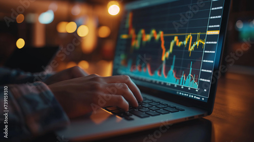 high resolution stock photo ,Close-up of hands typing on a laptop with stock market graphs on the screen with office background 
