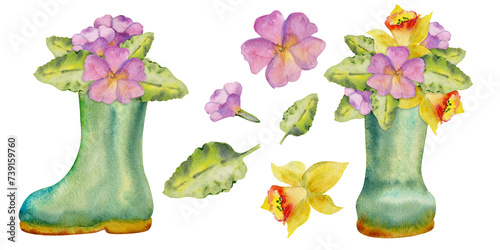 Hand drawn watercolor illustration spring gardening shoes, green rubber boots with flowers and leaves. Set of objects isolated white background. Design print, shop, scrapbooking, packaging, decoupage