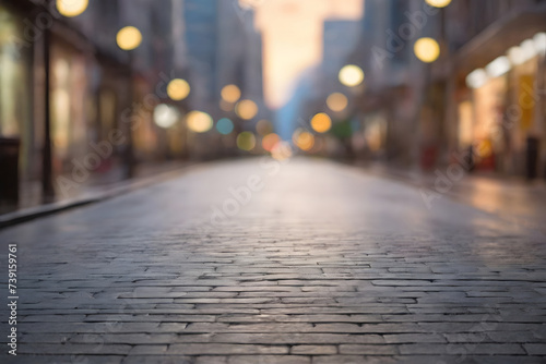 Empty road with footpath street at the urban city blurred bokeh background. photo