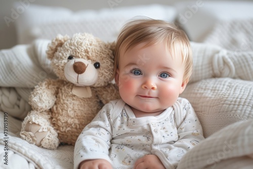 Smiling Baby With Blue Eyes Next to a Brown Teddy Bear on a Soft Bed © Olena Rudo