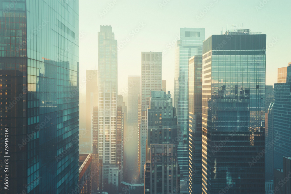 Toned image of modern office buildings and sky scrapers in central of the city realistic image - obrazy, fototapety, plakaty 