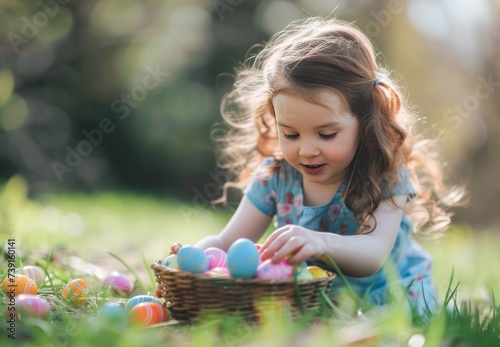 Smiling Young Girl With a Basket of Colorful Easter Eggs in a Sunny Park