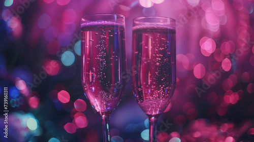 Elegant Celebration Champagne Glasses with Sparkling Liquid, Celebratory Atmosphere Accentuated by Pink Hue, Bokeh Lighting, Glittering Particles Suggesting Toast on Special Events like New Year's Eve