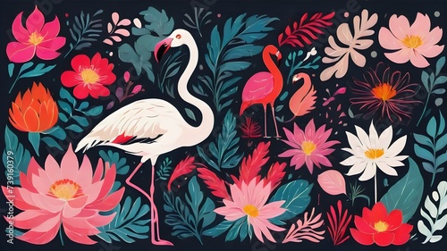  swan and floral seamless pattern with different leaves and plants, print for wrapping, wallpaper, fabric, textile.