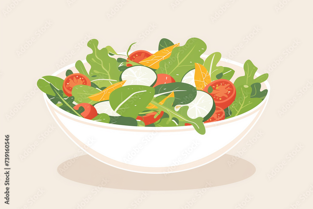 Vegetable salad in a bowl, beige background, copy space, flat design, banner mockup Vegetable salad in a bowl, beige background, copy space, flat design, banner mockup