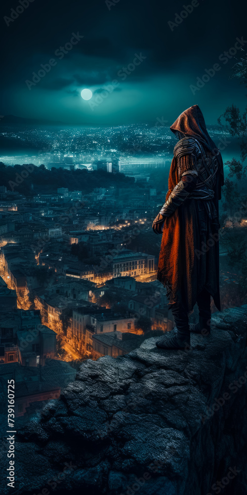 Lonely wanderer stands on the edge of cliff and looks down on the city at night.