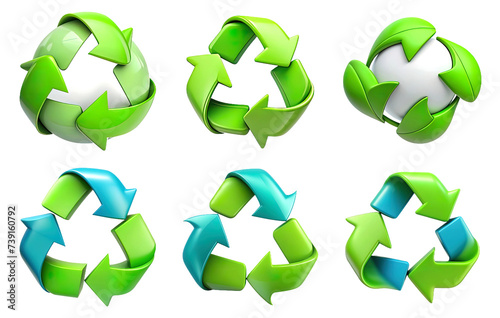 Recycled symbol icon set, 3D render style, isolated on white or transparent background.