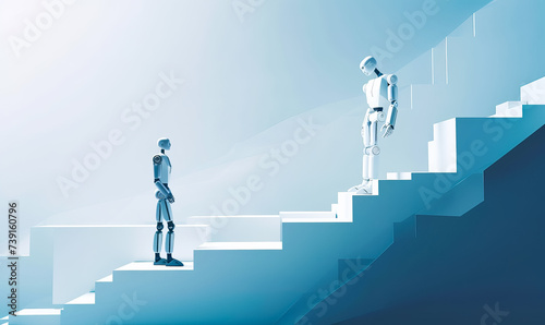 Two robots are walking up the stairs one of them is man photo