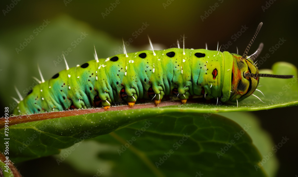 Green caterpillar is crawling on leaf