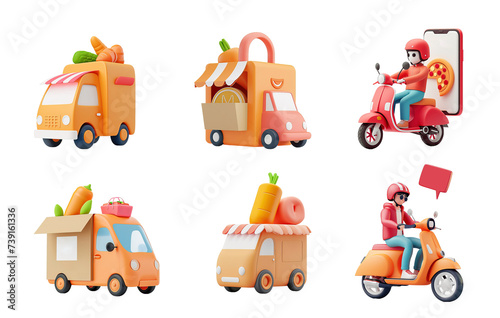 Fast food delivery icon set, 3D render style, isolated on white or transparent background.