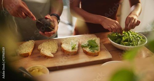 Hands, avocado and bread in kitchen for sandwich on table for health, diet and wellness for breakfast in home. People, toast and prepare lettuce for nutrition, vegan meal and knife for food in house photo
