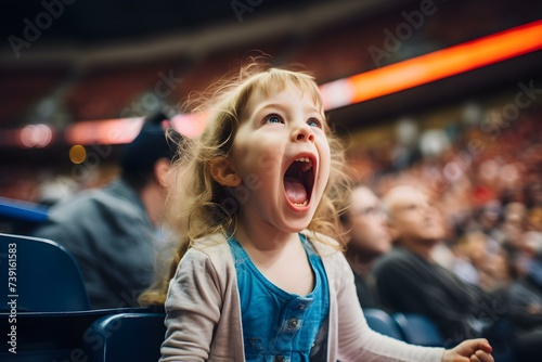 A young girl's loud cry echoes through indoor sports arenas. Concept Youth Sports, Emotional Moment, Indoor Arena, Dramatic Scene
