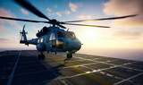 Military helicopter landing on aircraft carrier in the endless blue ocean at sunset.