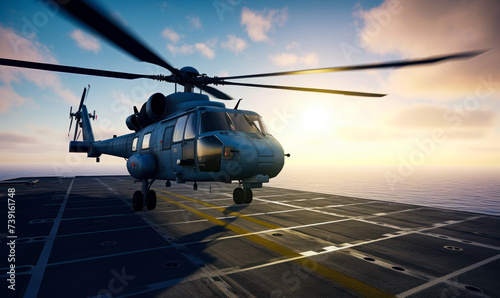 Military helicopter landing on aircraft carrier in the endless blue ocean at sunset. photo