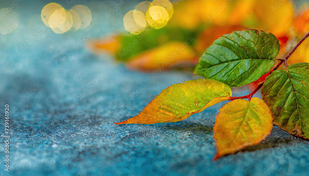 Autumn background with colored green leaves on blue slate background. Top view, copy space for text, Generated AI Autumn background with colored green leaves on blue slate background. Top view, copy space for text, Generated AI