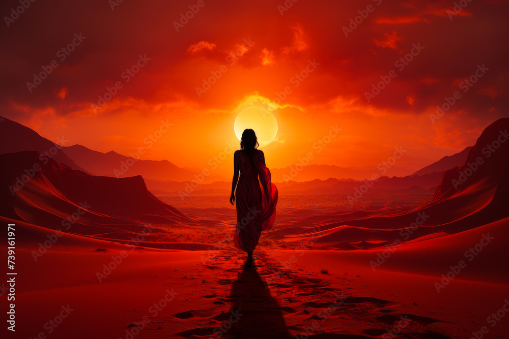 Obraz premium Woman walks into the sunset across barren desert landscape.