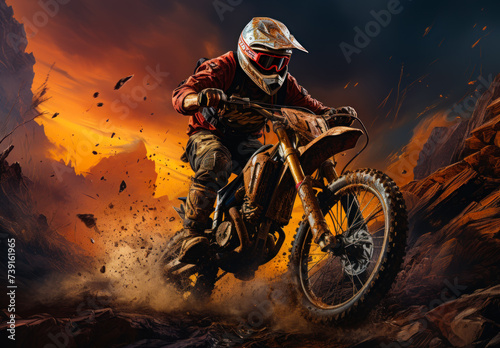 Motocross rider drives his motorbike smoke and dust from under the wheels