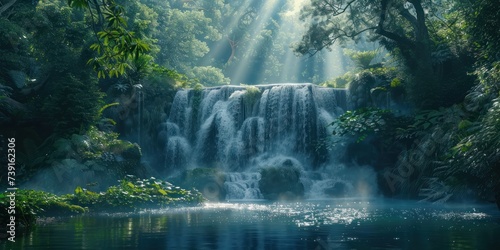 Enchanting waterfall in lush natural forest serene landscape where water cascades over rocks amidst green foliage creating tranquil travel destination perfect for outdoor photography and environmental © Bussakon