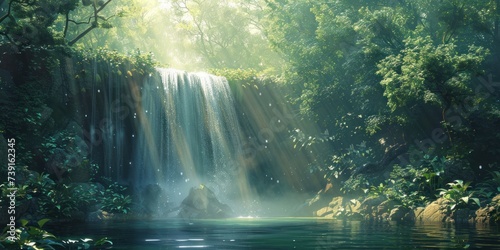 Enchanting waterfall in lush natural forest serene landscape where water cascades over rocks amidst green foliage creating tranquil travel destination perfect for outdoor photography and environmental