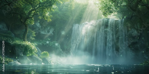 Enchanting waterfall in lush natural forest serene landscape where water cascades over rocks amidst green foliage creating tranquil travel destination perfect for outdoor photography and environmental © Bussakon