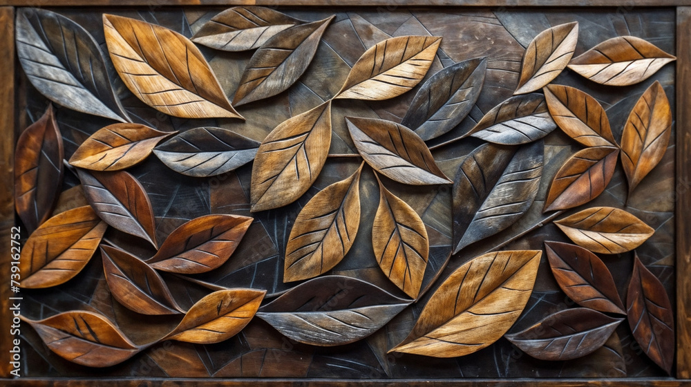 Artistic Wooden Wall Panel Featuring Stylized Leaves, Modern Decorative Design with Diverse Natural Palette, Overlapping Colors, Different Wood Grains, and Various Shades, Ideal for Interior Decoratio