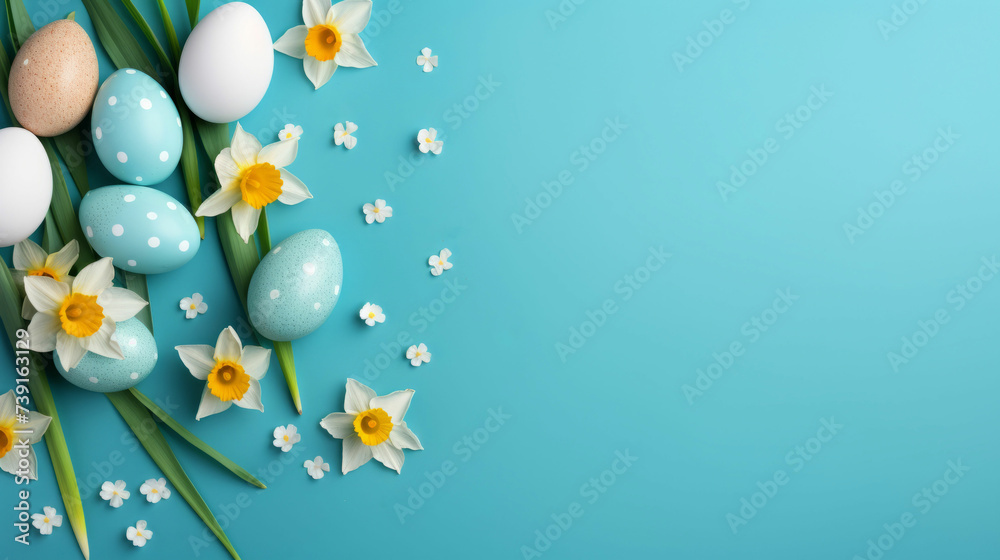 Easter eggs and daffodils flowers on blue background Easter eggs and daffodils flowers on blue background