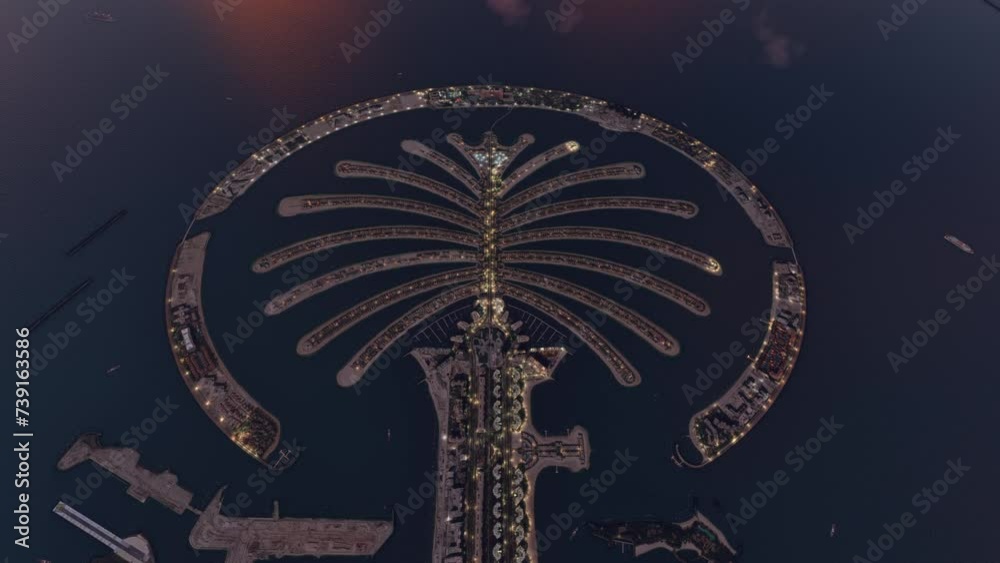 Top night aerial view with drone at The Palm Jumeirah. Dubai. United Arab Emirates. UAE