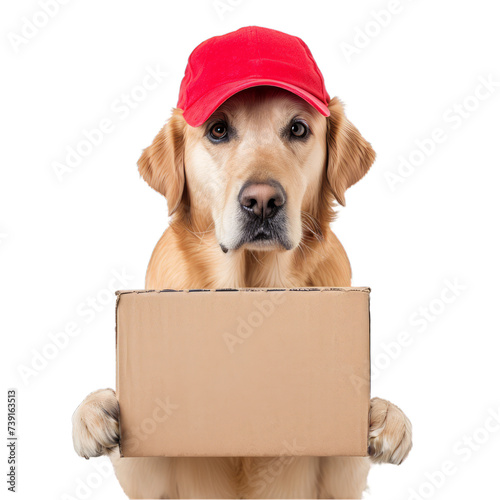 Labrador Retriever in a red cap, holds cardboard box package. Funny dog postman or Delivery service. Pet products online shopping concept. Isolated cut-out with transparent background.