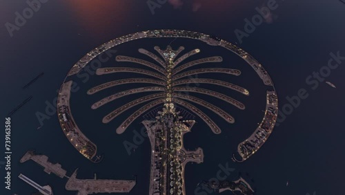 Top night aerial view with drone at The Palm Jumeirah. Dubai. United Arab Emirates. UAE photo